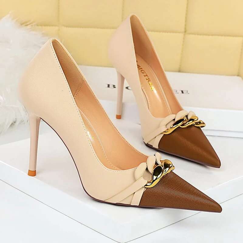 Banquet High Slim Heels, Light Cut, Shoes, Single Shoes Color Blocked, Pointed Metal Chain Decoration, Women's