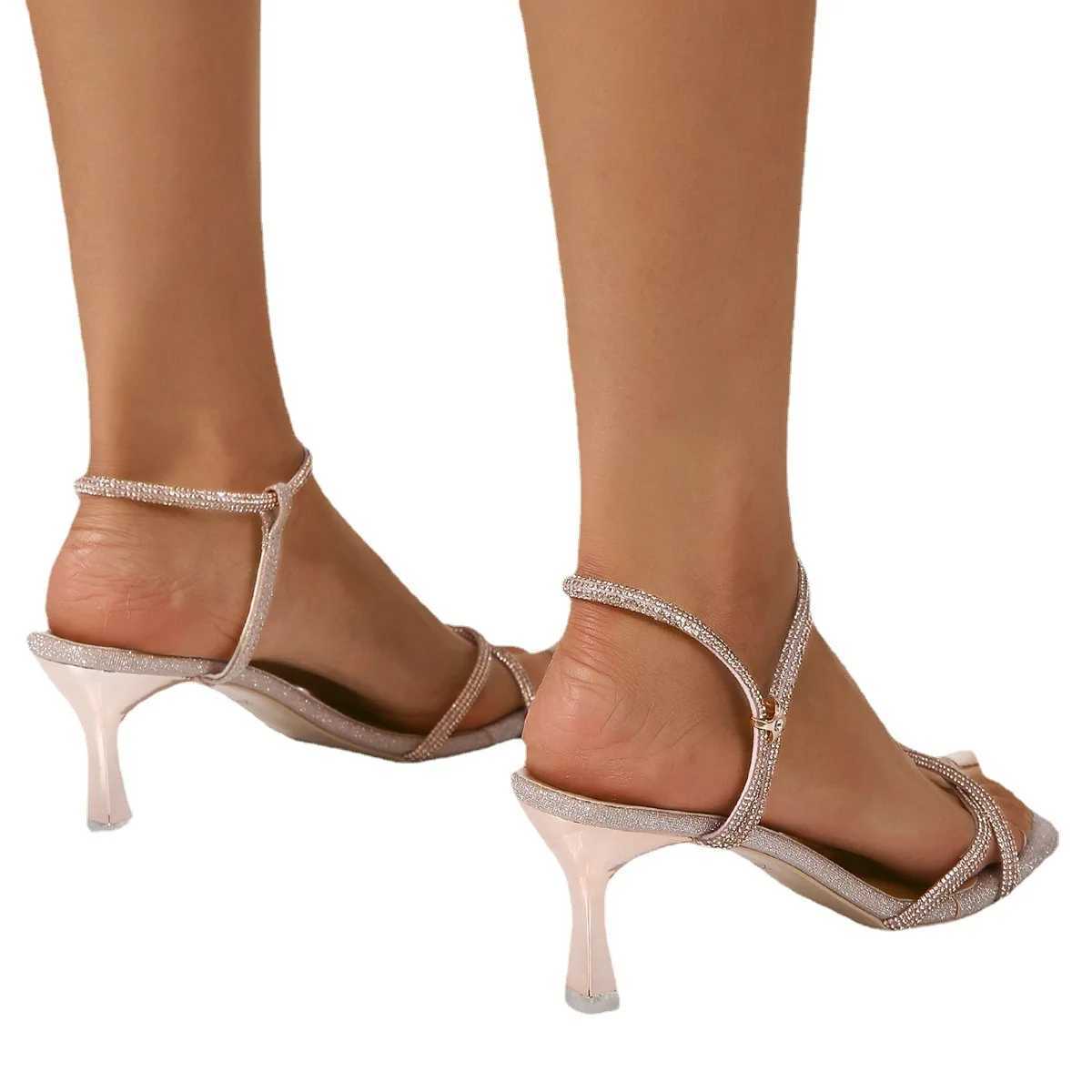 New Arrival Womens Champagne Sandals Summer High Heels Shining Shiny Smooth Thin High Heels Elegant High Quality Sandals De Mujer T250110