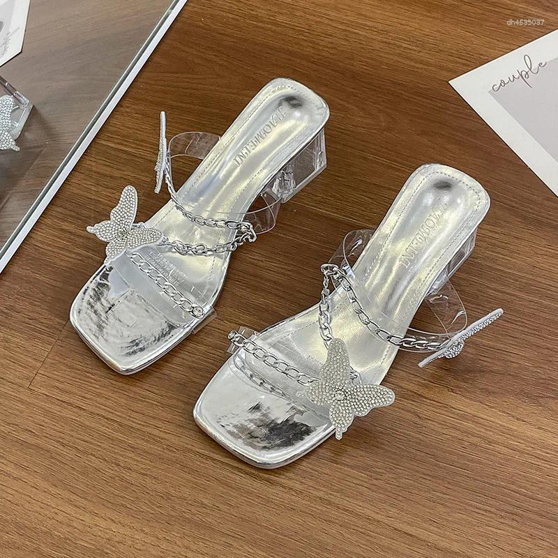 Sandals High Heels Women's Summer Chain Butterfly Outer Wear Versatile Rhie Crystal Heel Slippers QS-KKM-030 zhanyishengli