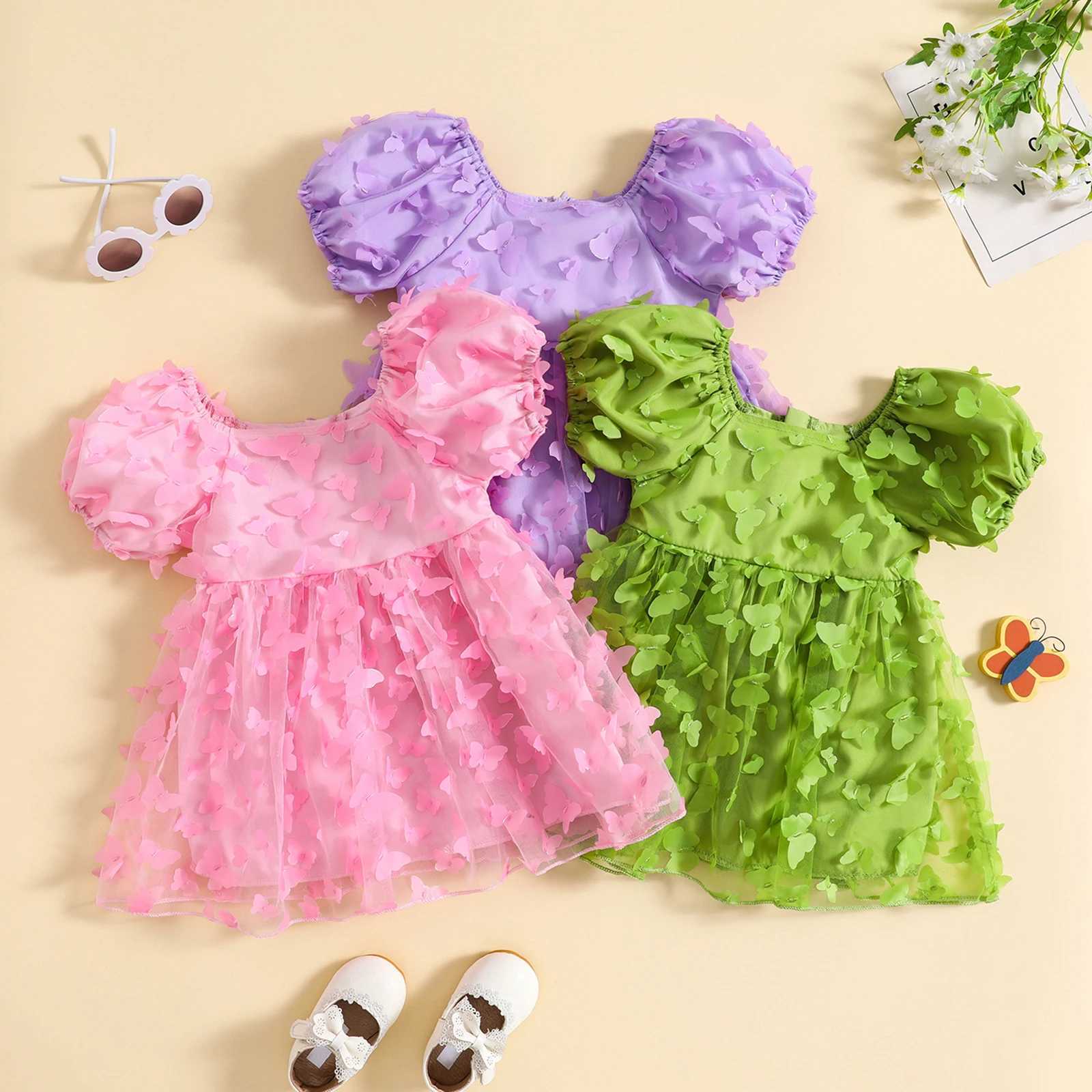 Pudcoco Preschool Baby Girl Summer Princess Dress Mini Bubble Sleeves 3D Butterfly Decorative Chiffon Dress 6M-4T W250111