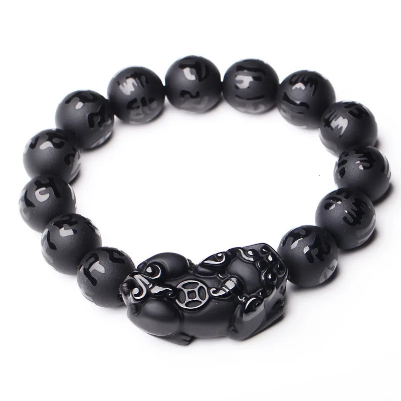 Natural Obsidian Fengshui Pixiu Bead Bracelet Mens Black Jades Brave Troop Six Word Mantra Bead Bracelet Lucky Talisman Gift 250109