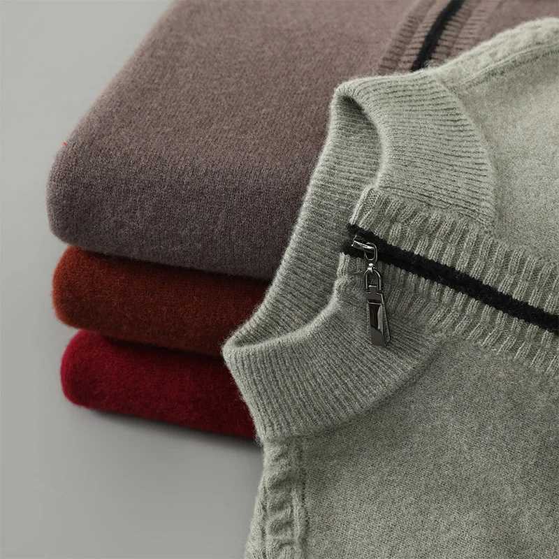 New autumn and winter mens pure wool knitted long sleeved pullover sweater with half high collar and thick zipper for warmth business and fashion W250