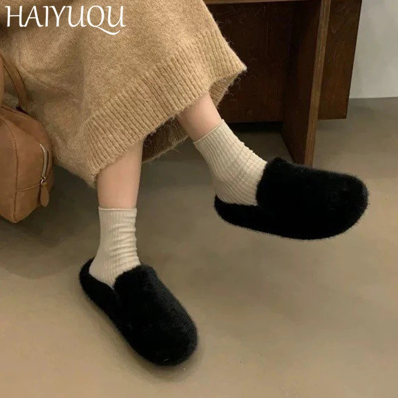 Fur Leopard Women Fluffy slippers Flats Cotton Shoes Mules Woman Trend Fashion Slingback Short Plush Warm Snow Botas Mujer 250106