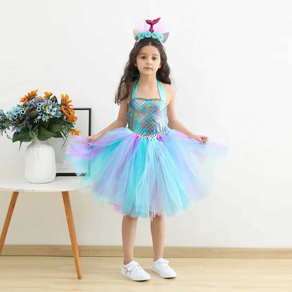 Child girl role-playing Par dress up princess dress up mermaid chiffon Tutu dress theme birthday Par costume with floral headband W250111