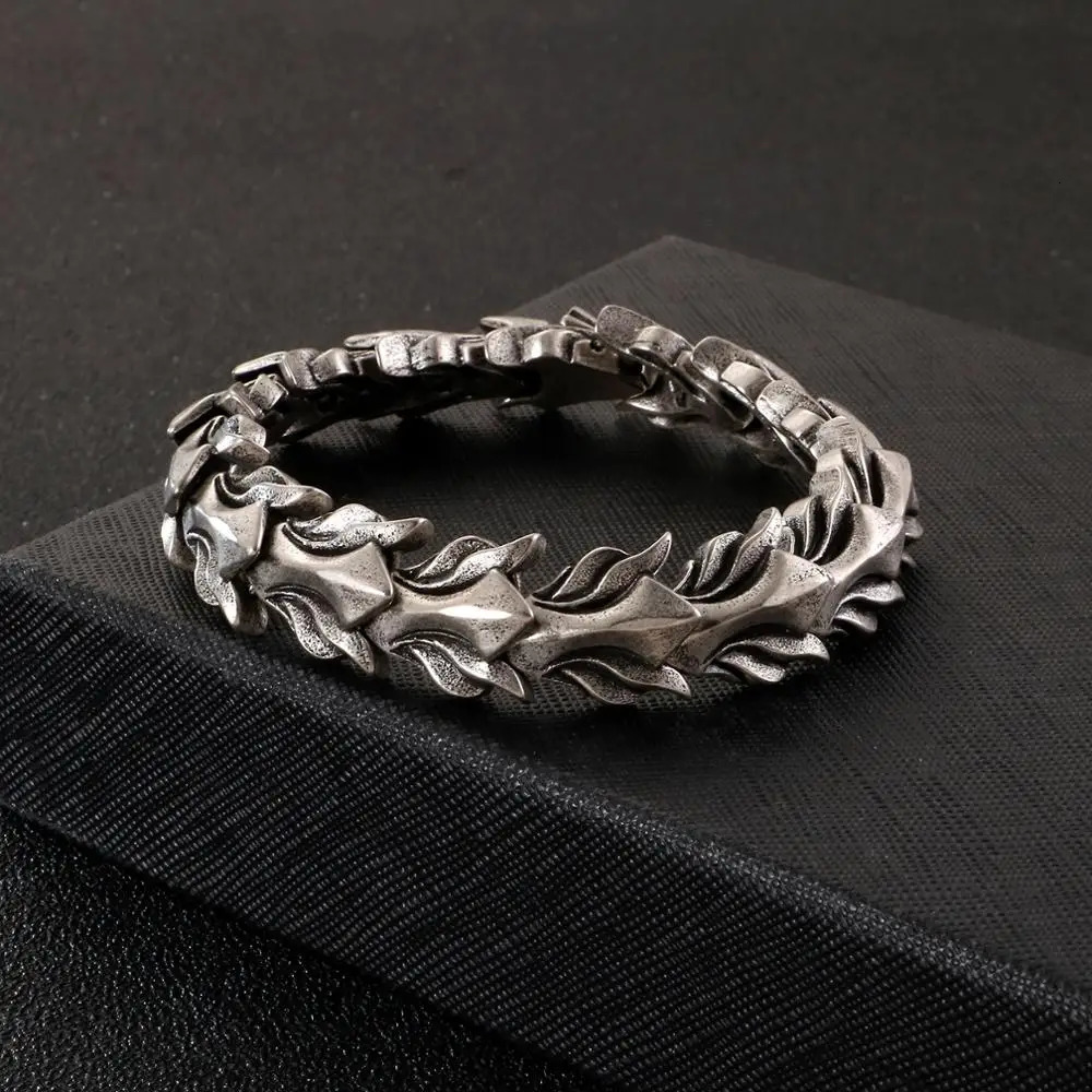 Fongten 17mm wide dragon chain bracelet mens stainless steel charm mens bracelet antique silver jewelry 250109