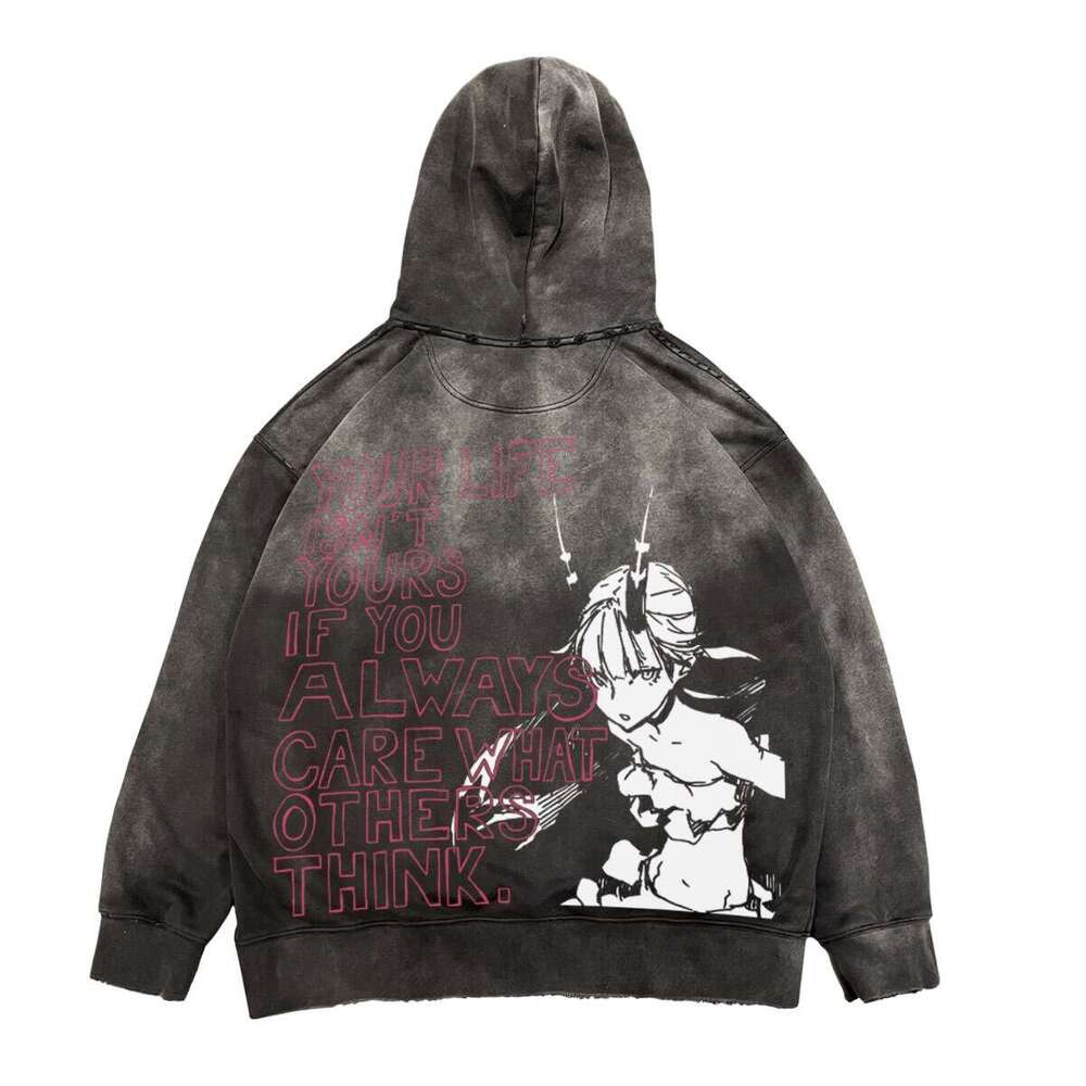 Unique lazy style American vintage washed printed hooded sweatshirt with loose versatile hoodie for men and women