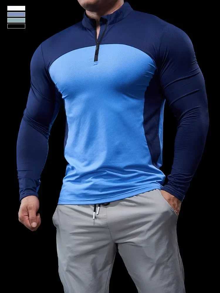 Mens Spring and Autumn Long Sleeve Tight Fitness Clothing Polo Shirt Half Zipper Quick Drying Elastic Exercise Slimming Fitness Top W250111