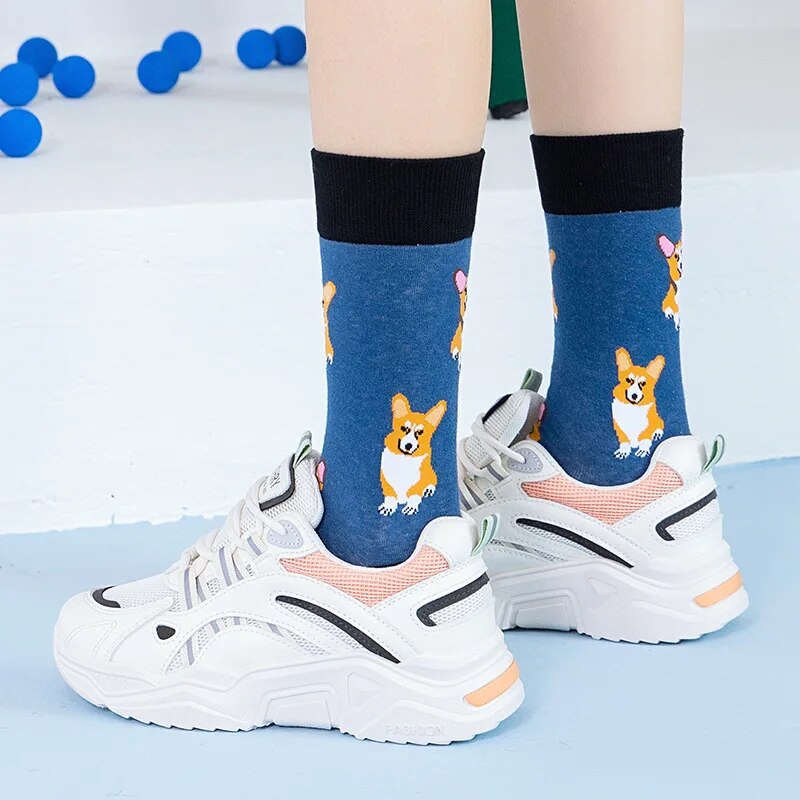 1 Pair Unisex Lovely Corgi Pattern Novelty Funny Comfy Mid Tube Socks Suit In All Seasons For Daily Street