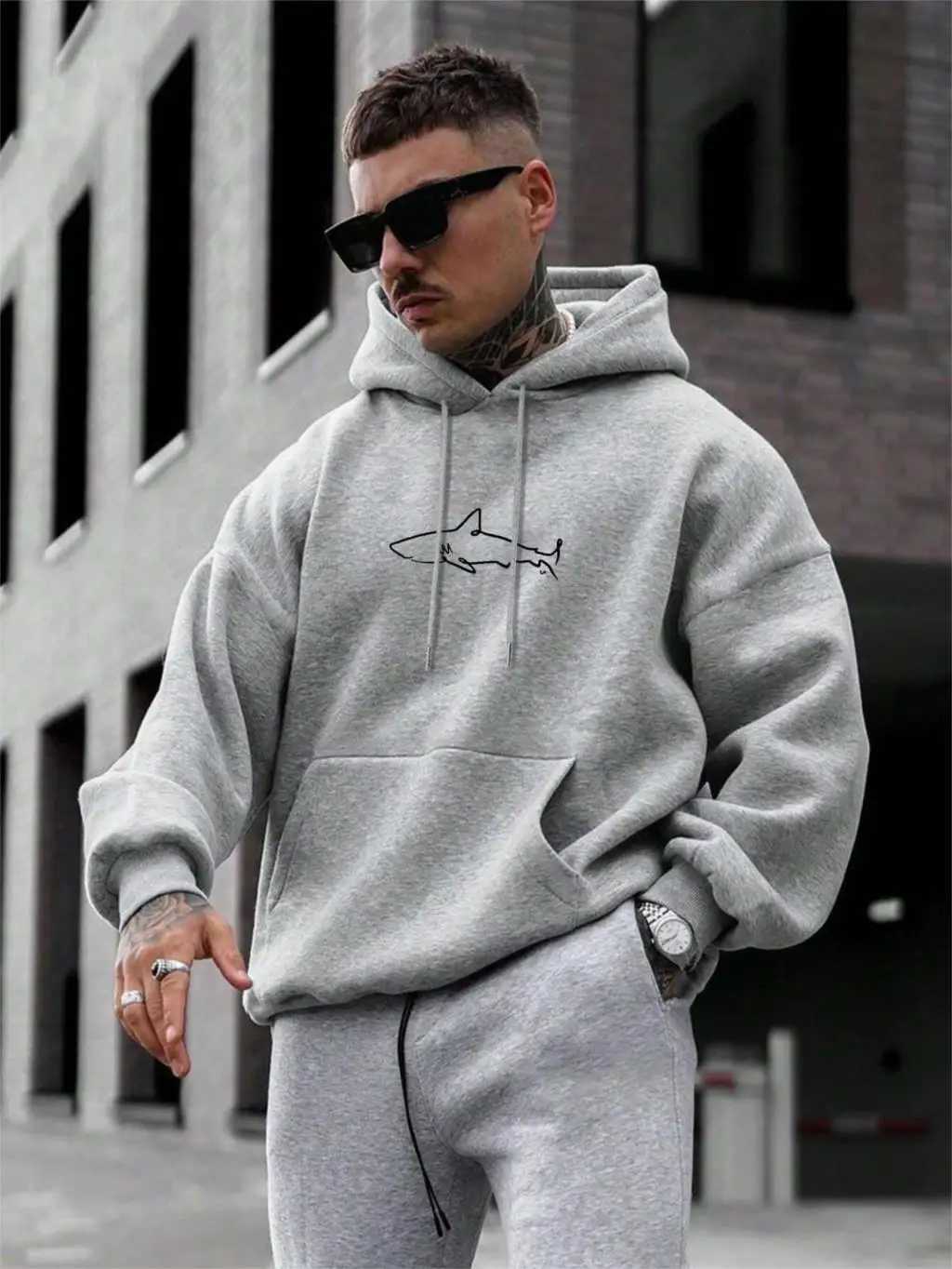 Simple Shark Printing Hoodie For Men Kangaroo Pocket Drawstring Pullovers Thermal Fleece Warm Sweatshirts Autumn Casual Clothes W251106