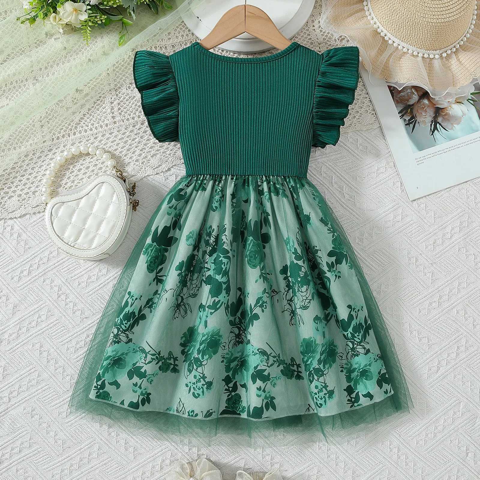 2025 New Womens and Childrens Clothing Green Summer Short sleeved Purple Princess Dress Par Baby Dress Childrens Fashion 1-8Y W250111