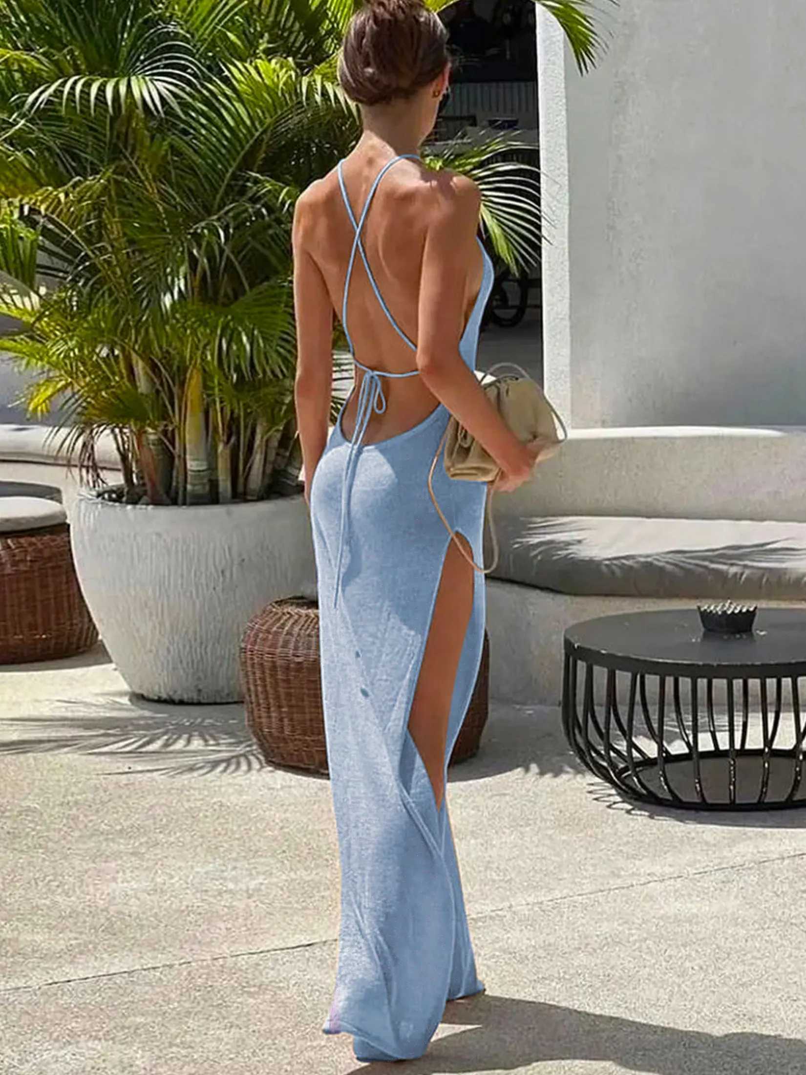 Basic Casual Dresses Sexy Holiday Knitted Beach Holiday Dress No Back See Through Halter Slim Summer Elegant Maxi Beach Dress