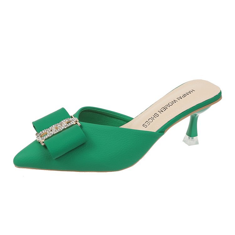 Women Slippers New Fashion hot High Heel Bow Design Versatile Pointed Toe Dia Triple Black Beige Green Free shipping