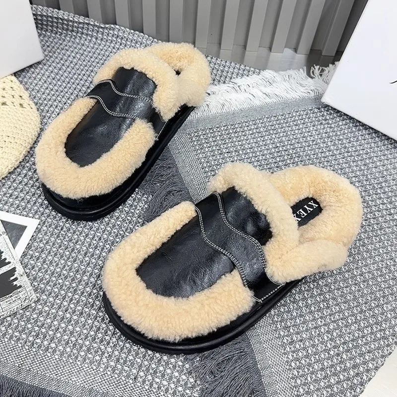 Flats Platform Cotton Slippers Women Fur Mules Shoes Winter Plush Warm Slides 2025 Trend Casual Snow Boots Soft Leather Cozy 250106