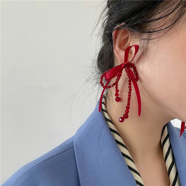 Lucky Red Earrings Personalized Large Ribbon Crystal Knot tassel Long Pendant Earrings Korean Style 250110