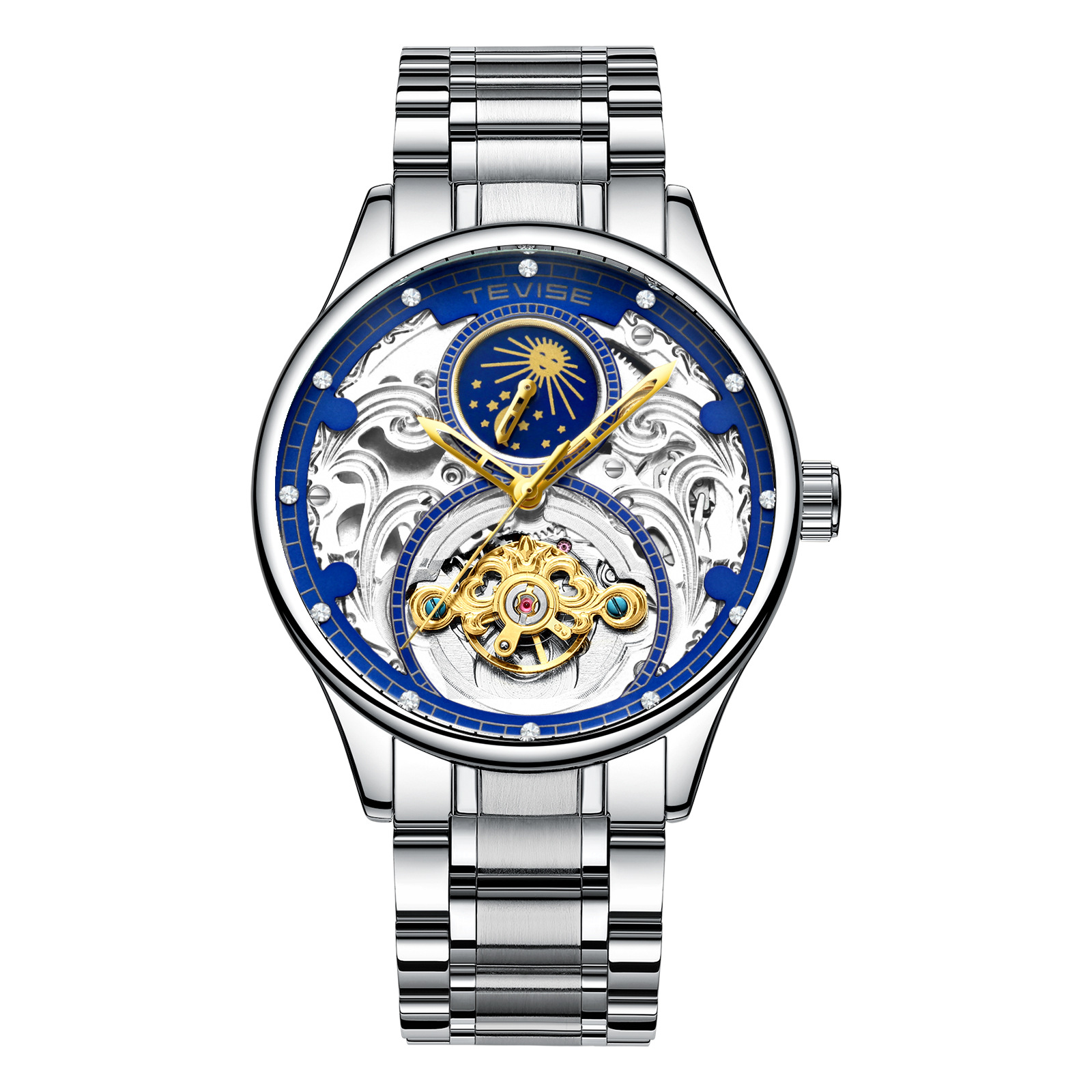 TEVISE Automatic Mechanical Watch Hollowed out Mens Watch with Moon Phase Tourbillon Casual Stainless Steel Strap and Waterproof Function T051-T820A s