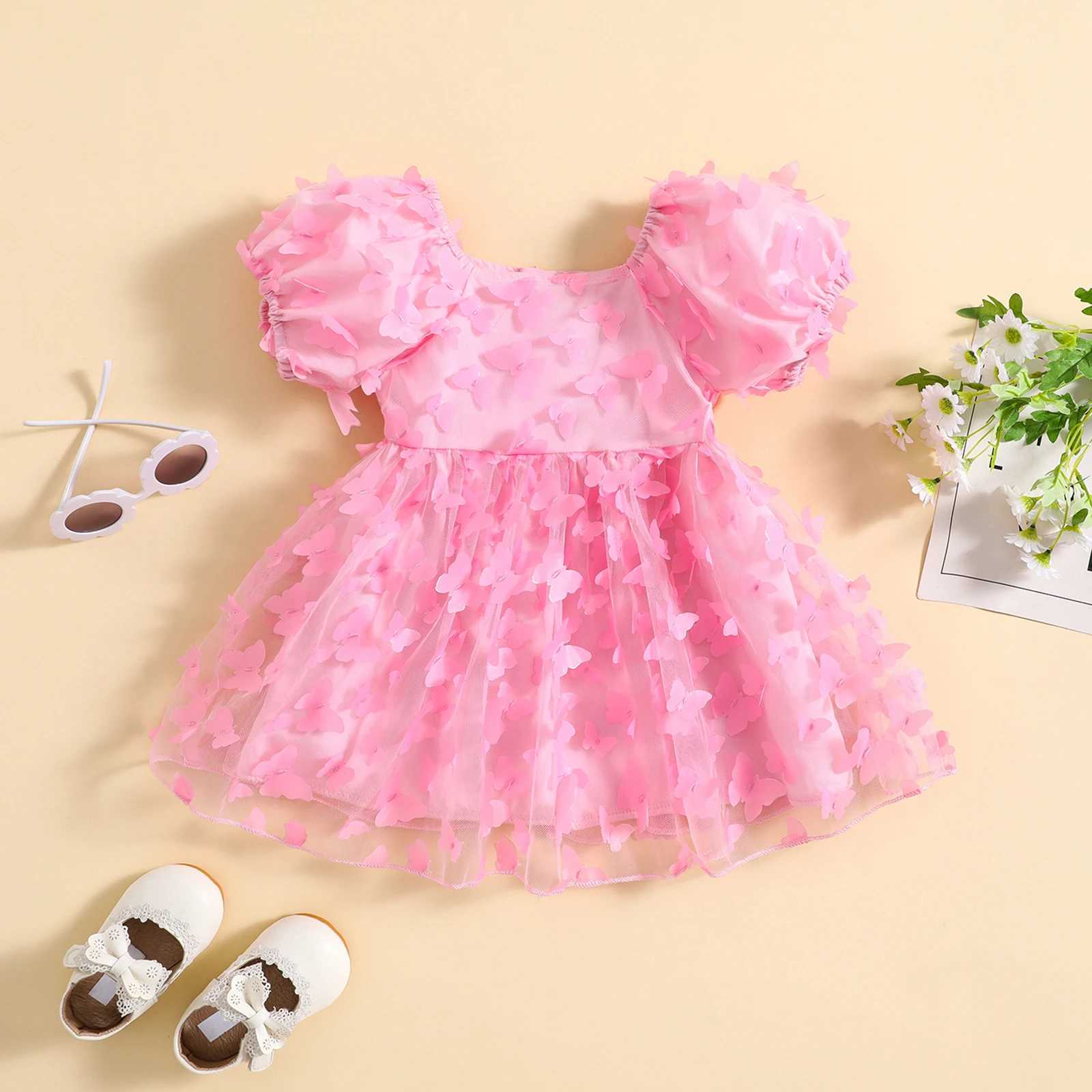 Pudcoco Preschool Baby Girl Summer Princess Dress Mini Bubble Sleeves 3D Butterfly Decorative Chiffon Dress 6M-4T W250111