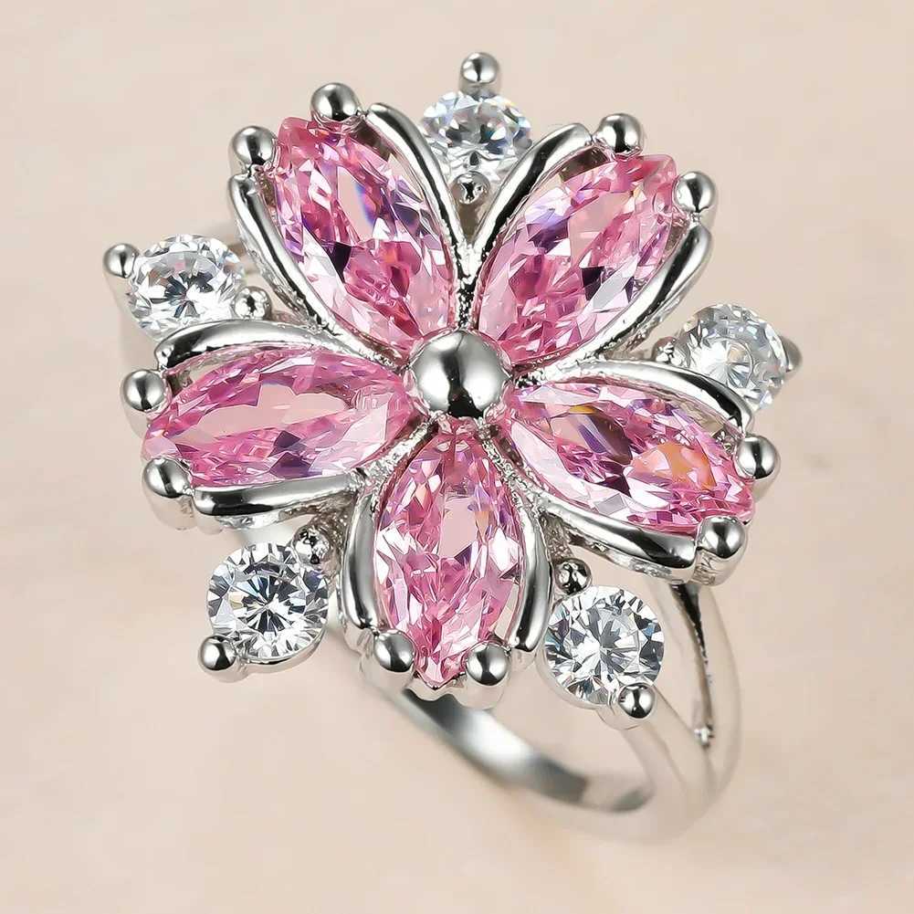 Cute womens pink crystal stone ring charming silver thin wedding ring suitable for womens daily bridal zircon engagement ring W250111