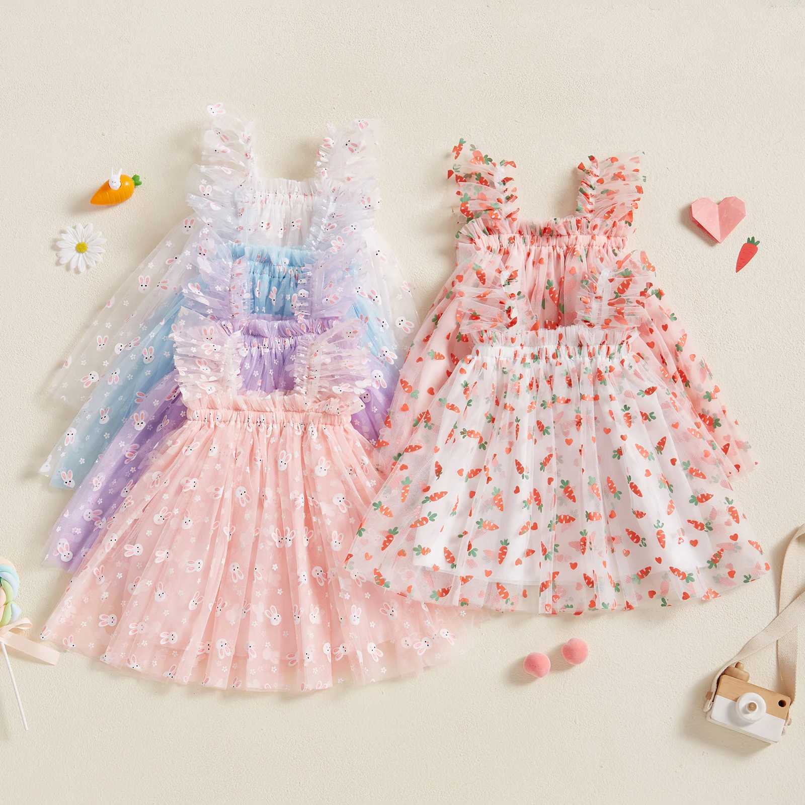 Preschool girl sleeveless dress Easter set casual summer carrot/rabbit print mesh chiffon dress cute clothes W250111