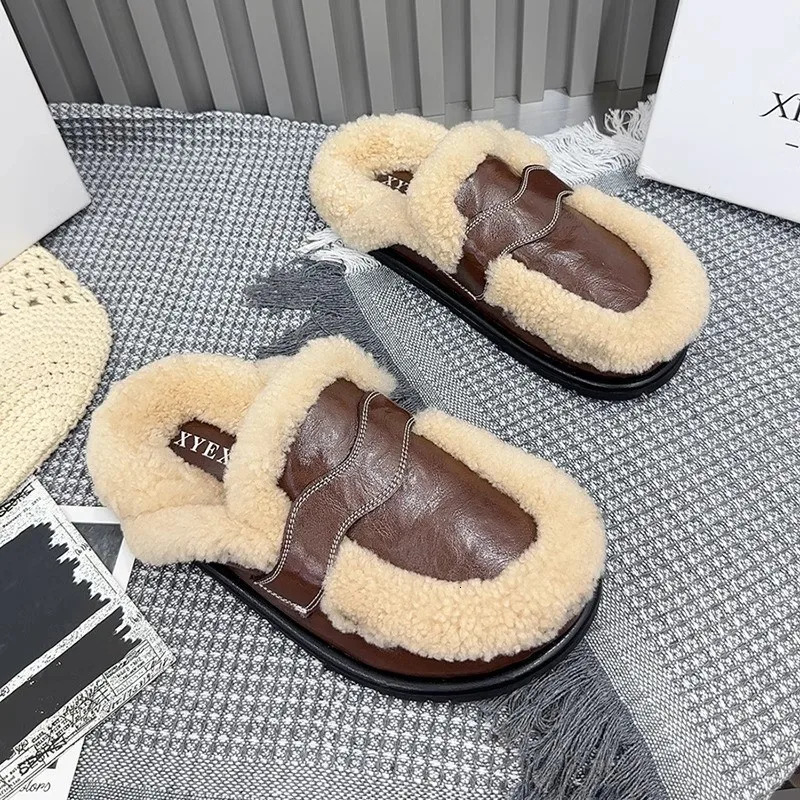 Flats Platform Cotton Slippers Women Fur Mules Shoes Winter Plush Warm Slides 2025 Trend Casual Snow Boots Soft Leather Cozy 250106