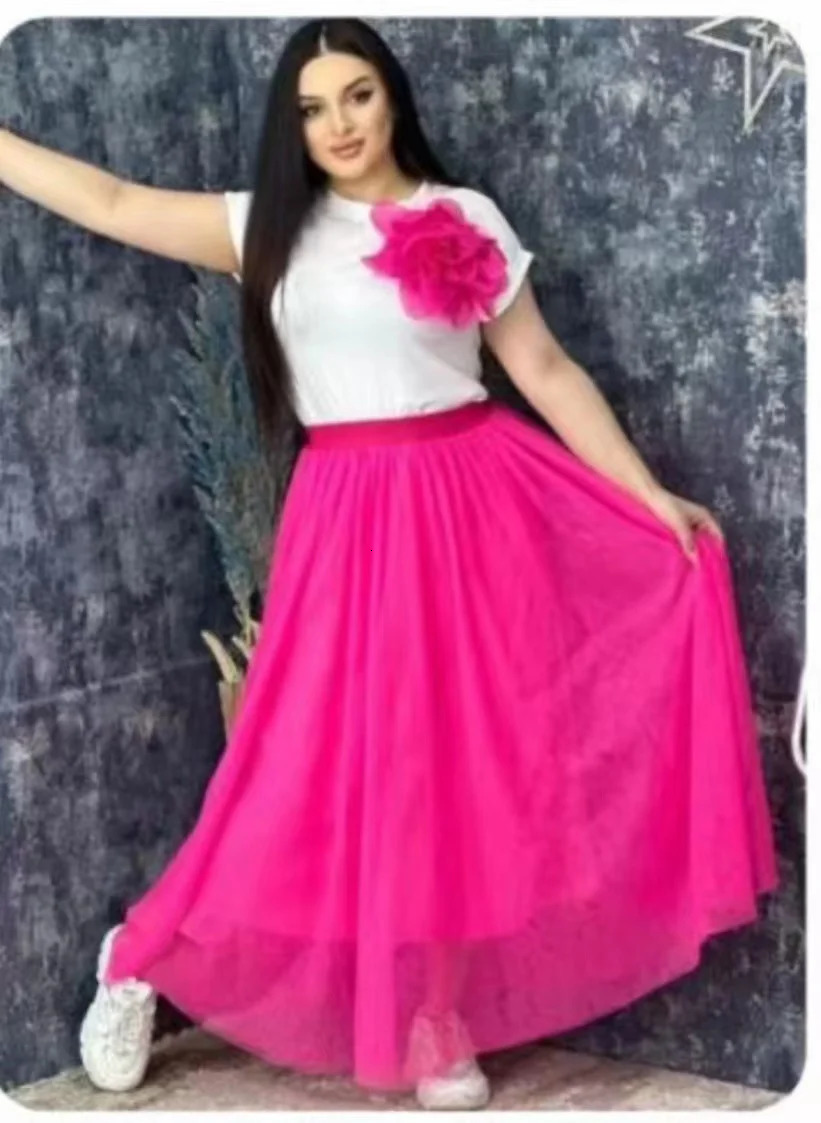 Summer Two piece Dress Set Womens Flower sewn Short sleeved Cotton TopElastic Waist Long Vacation Beach Dress 250109