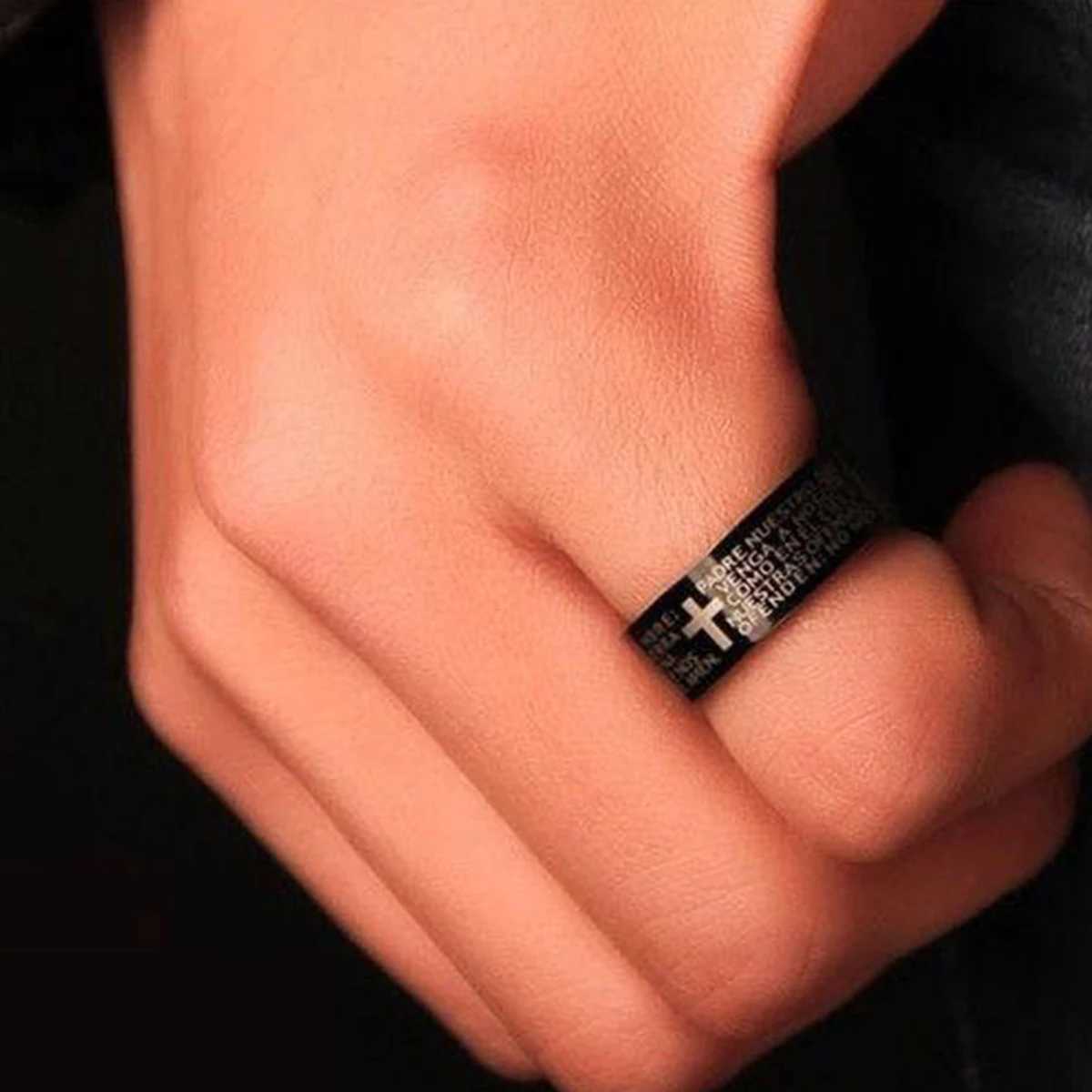 Stainl Steel Black Color Jesus Cross Ring Letter Bible Prayer Finger Rings For Men Bible Cross Rings For Women Jesus JewelryXJ250110