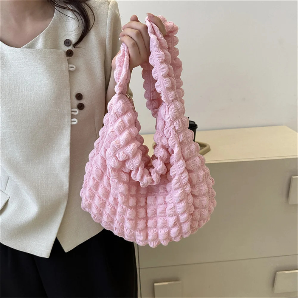 Embroidered Plaid Quilted Crossbody Bag Women Pleated Bubbles Cloud Shoulder Bags Large Tote Bucket Bag Ruched Handbags 250106