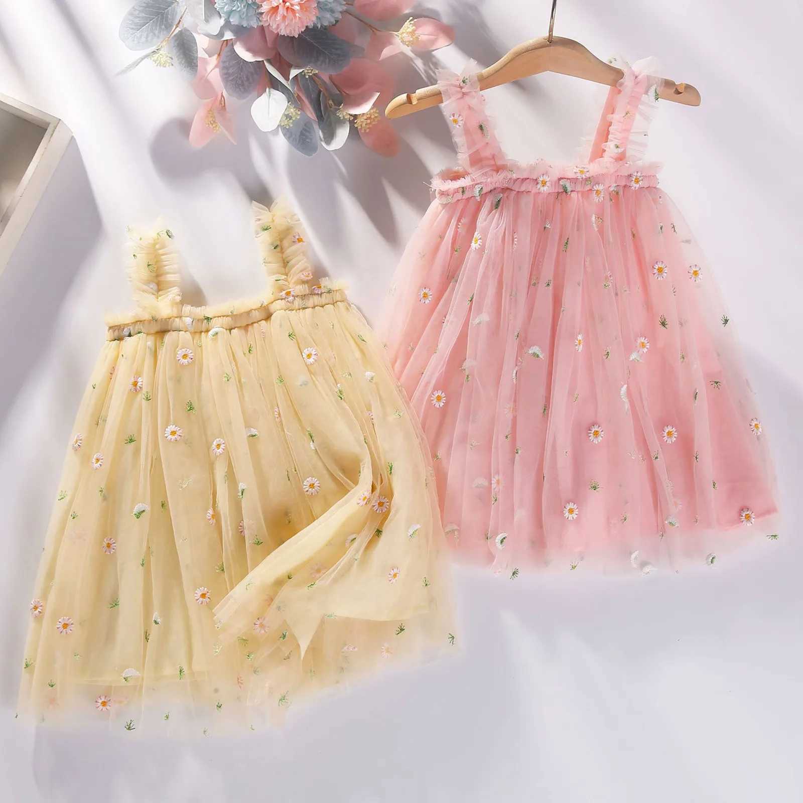 1-6Y Childrens Dress Childrens Girl Par 2025 Summer Sleeveless Daisy Flower Tutu Dress Layered Tulle Dress Princess Birthday Dress W250111