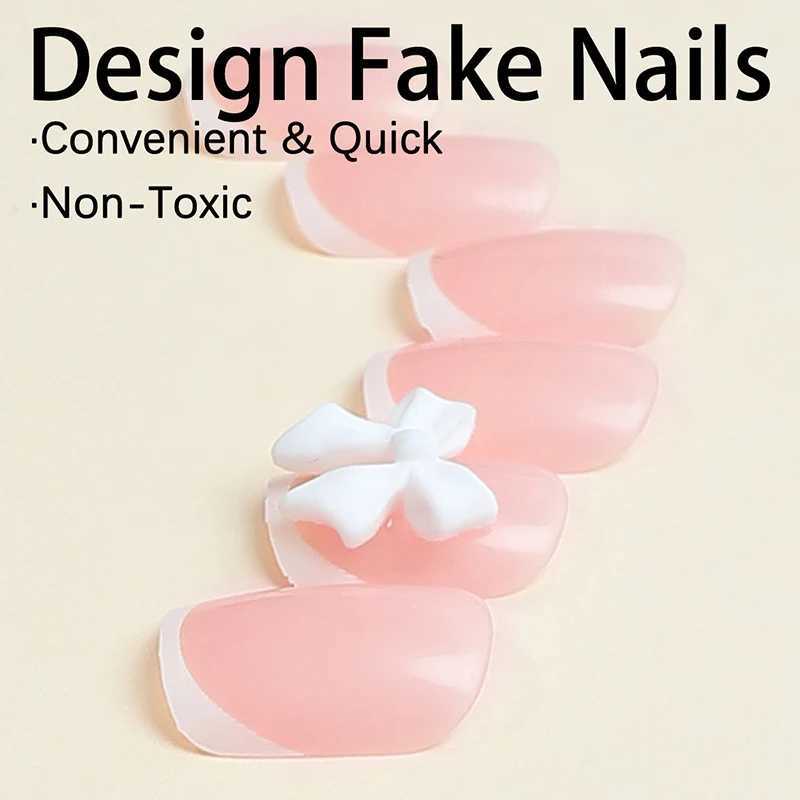 24Pcs White French Press On Nails 3D Bow Full Coverage Wearable False Nails Suitable for Women and Girls DIY Nail ArtXJ250110