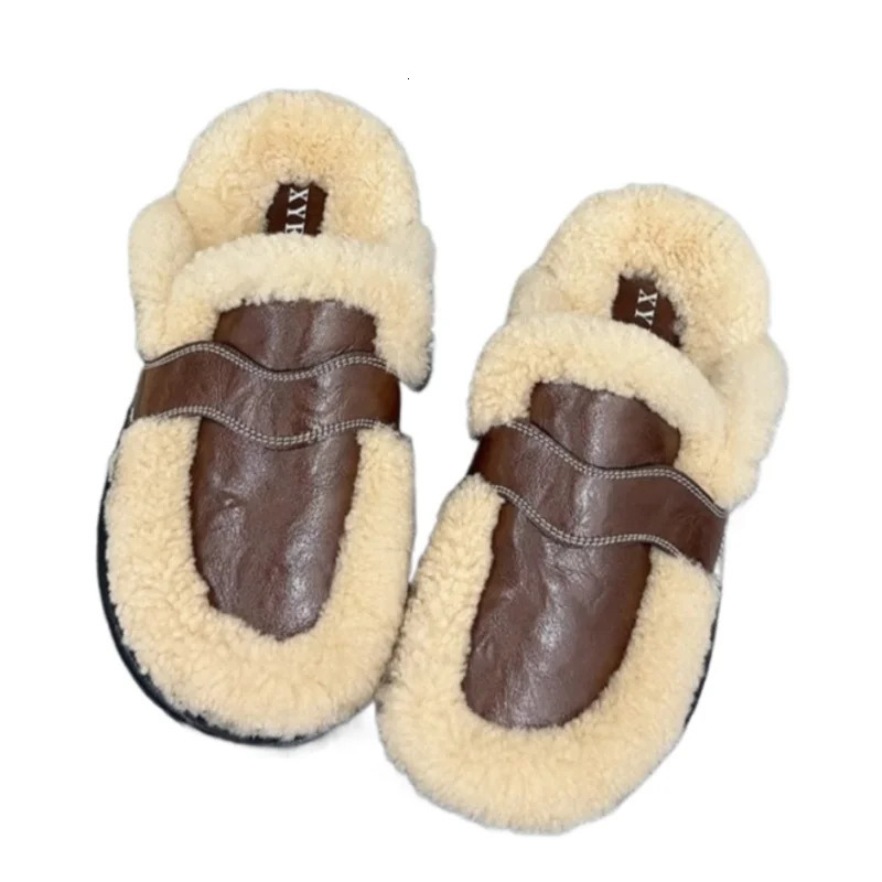 Women Fur Flats Slippers Warm Home Cotton Shoes Winter 2025 Trend Short Plush Slingback Flip Flops Fashion Zapatillas Mujer 250106