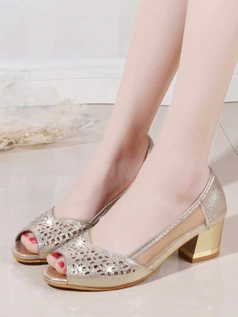 New Arrival Summer Womens Pumps Bling Open Toe High Heels Hollow Womens Sandals Dress Shoes Office Square Heel Mujer Womens Shoes T250110