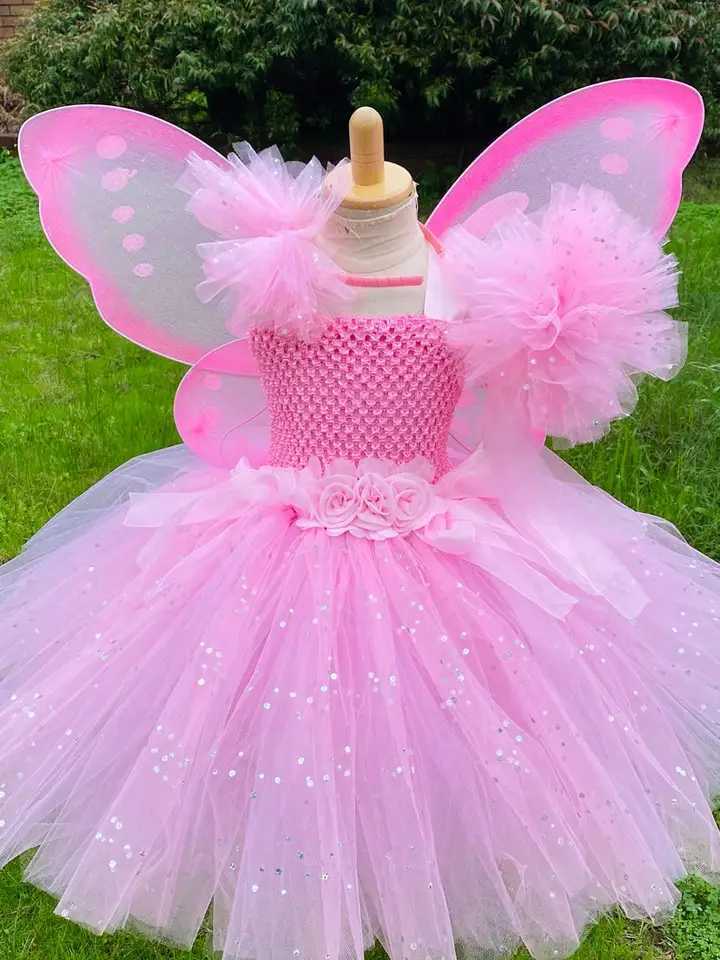 Girl Pink Fairy Dress Childrens Sparkling Picture Flower Dress with Wings and Stick Hair Childrens Birthday Halloween Par Costume W250111