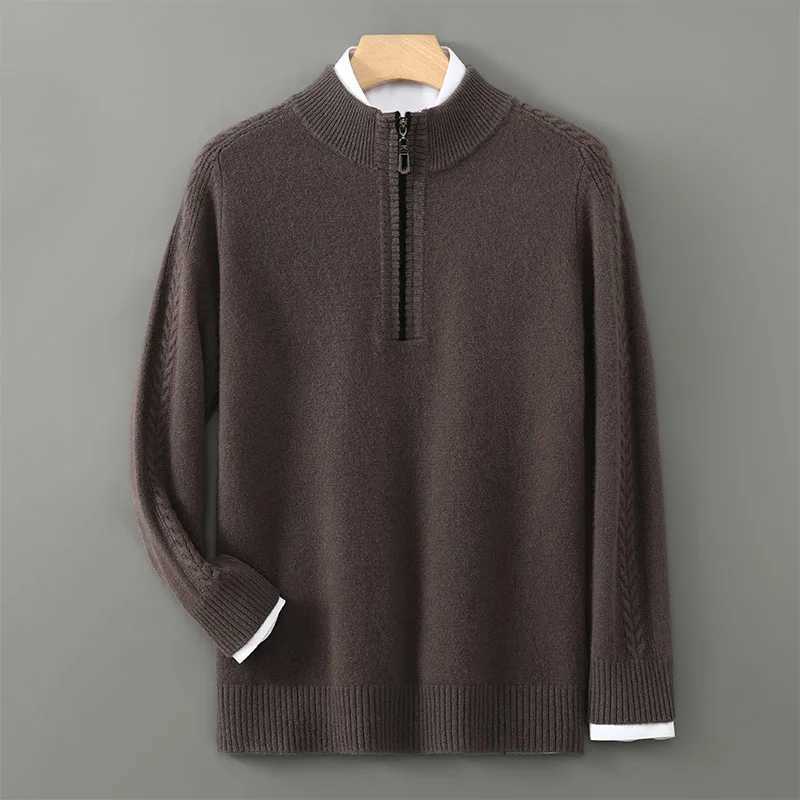 New autumn and winter mens pure wool knitted long sleeved pullover sweater with half high collar and thick zipper for warmth business and fashion W250