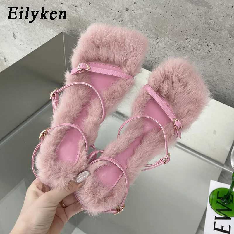 New Arrival Eilyken New Plush Fur Fuzzy Sandals for Women Thin High Heels Fashion Square Laces Lace Buckles Slippers T250110