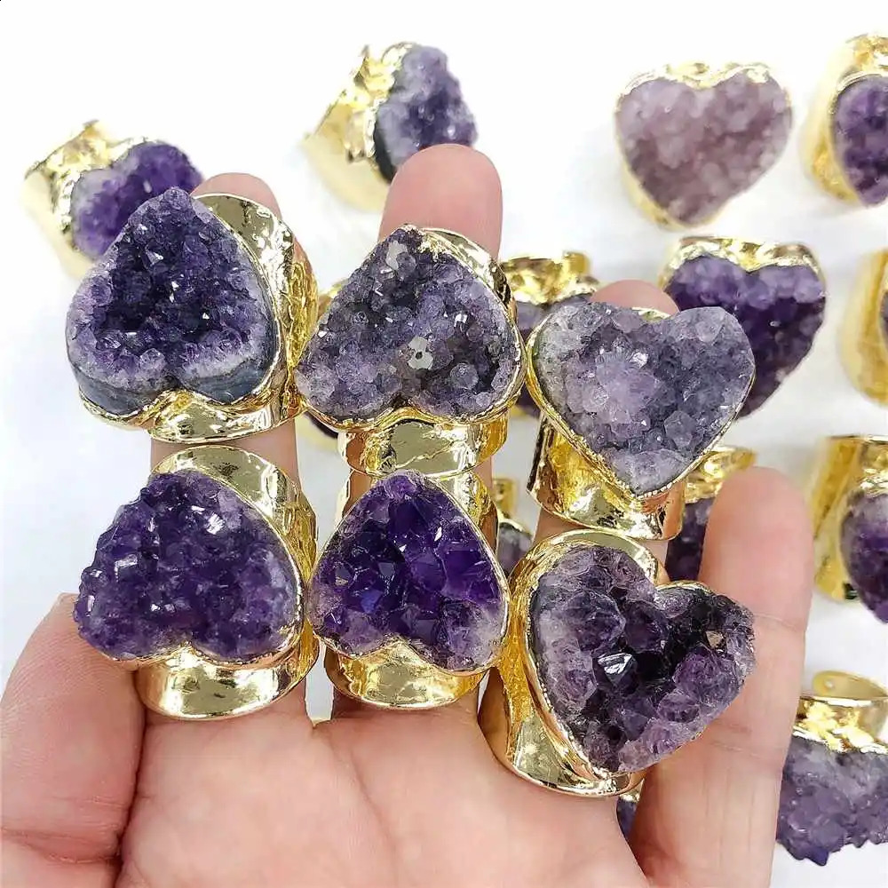 FUWO Wholesale Natural Amethysts Cluster Cuff RingsAmazing Heart Shaped Golden Plated Brass Jewelry For Women 5Pcs/Lot RG001G 250106