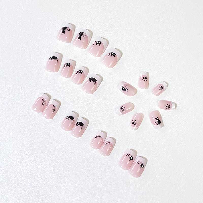 24pcs Square False Nail Pink French Cute Black Cat Design Halloween Style Girl Art Press on Nails with nail tools for Women GiftXJ250110