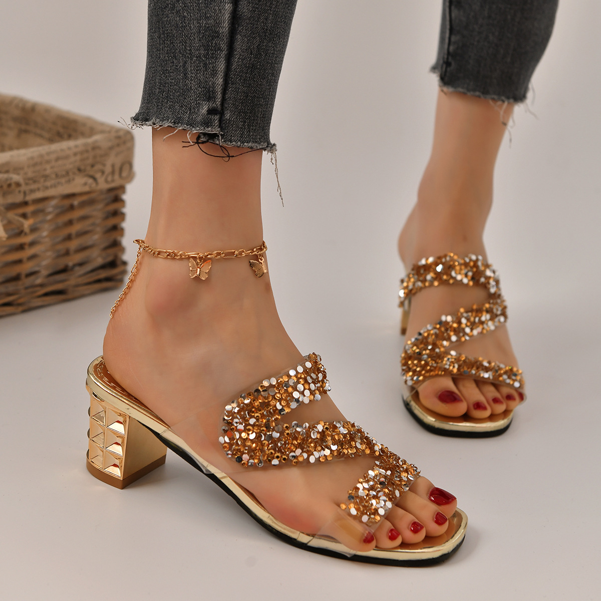 Women Slippers High Heel New Fashion Diamond Design Coarse Heel Plus Size Trendy Versatile Triple Black Gold Silver Free shipping