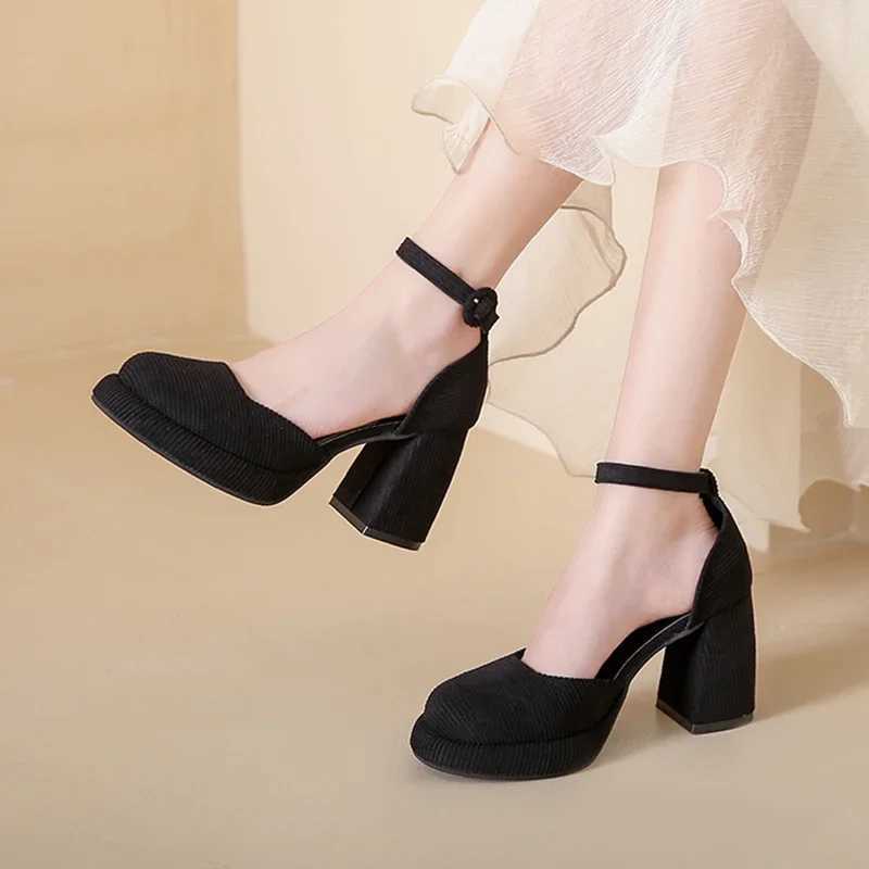 New Arrival Green High Heels Pump Womens Autumn Ankle Shoulder Strap Short Fat Platform Mary Jane Shoes Womens Corduroy Thick High Heels Party Shoes T