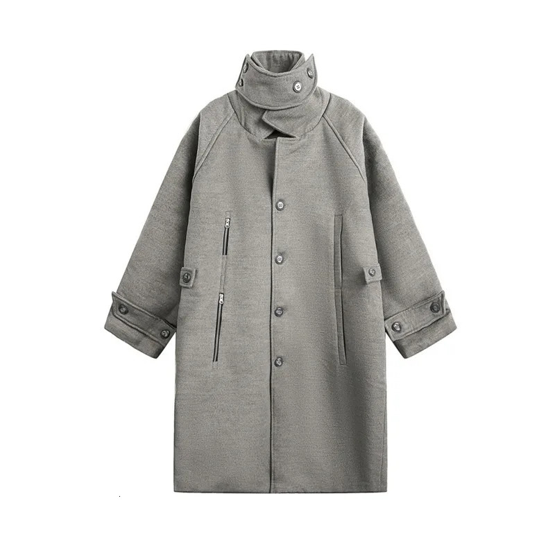 PFNW Vintage Highemd Gray Detachable Stand Collar Tweed Coat Mens Loose Silhouettes Long Casual Woolen Overcoat CPG2233 250106