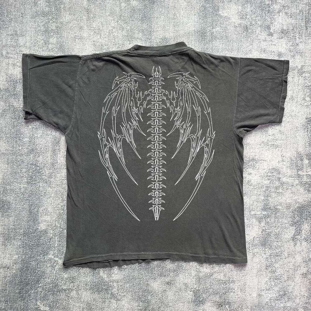 Ins niche design, small neckline, double wing printed short sleeved T-shirt, men's women's loose and versatile couple's top