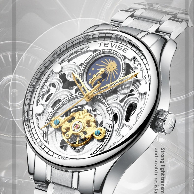 TEVISE Automatic Mechanical Watch Hollowed out Mens Watch with Moon Phase Tourbillon Casual Stainless Steel Strap and Waterproof Function T051-T820A s