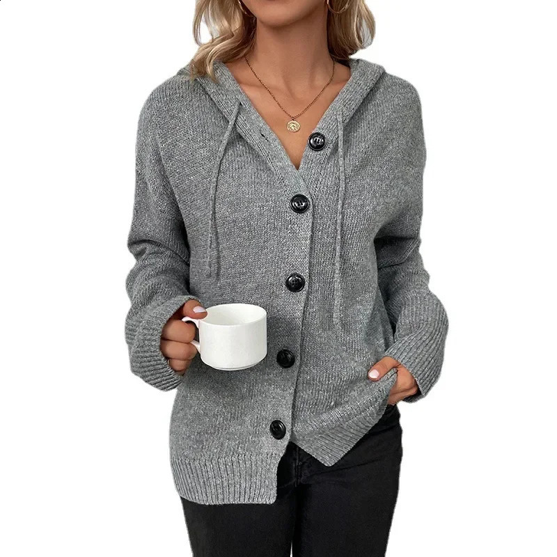Women Knit Hooded Sweater Coat Single Breasted Thick Cardigan Solid Casual Splice Jumpers Full Sleeve Regular Winter 250106