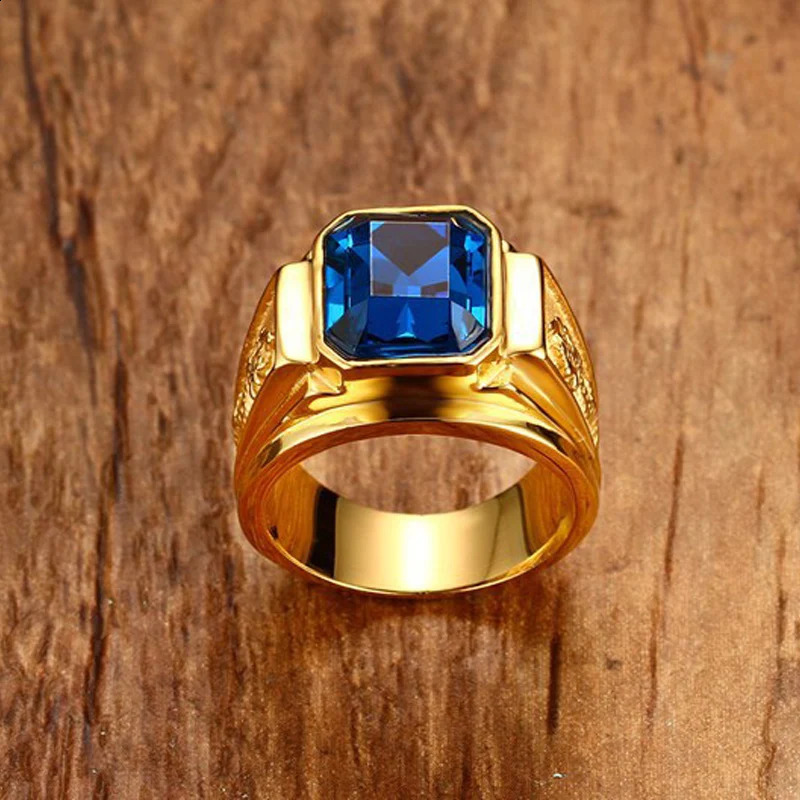 Classic Big Red/Blue Rhinestone Stone Rings For Men Jewelry Gold Color Stainless Steel Party Male Bands 250110