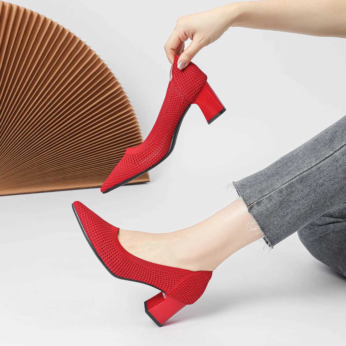 New Arrival Womens high heels toe knitted breathable square toe shoes (6cm high standard EUR size please purchase according to toe) T250110