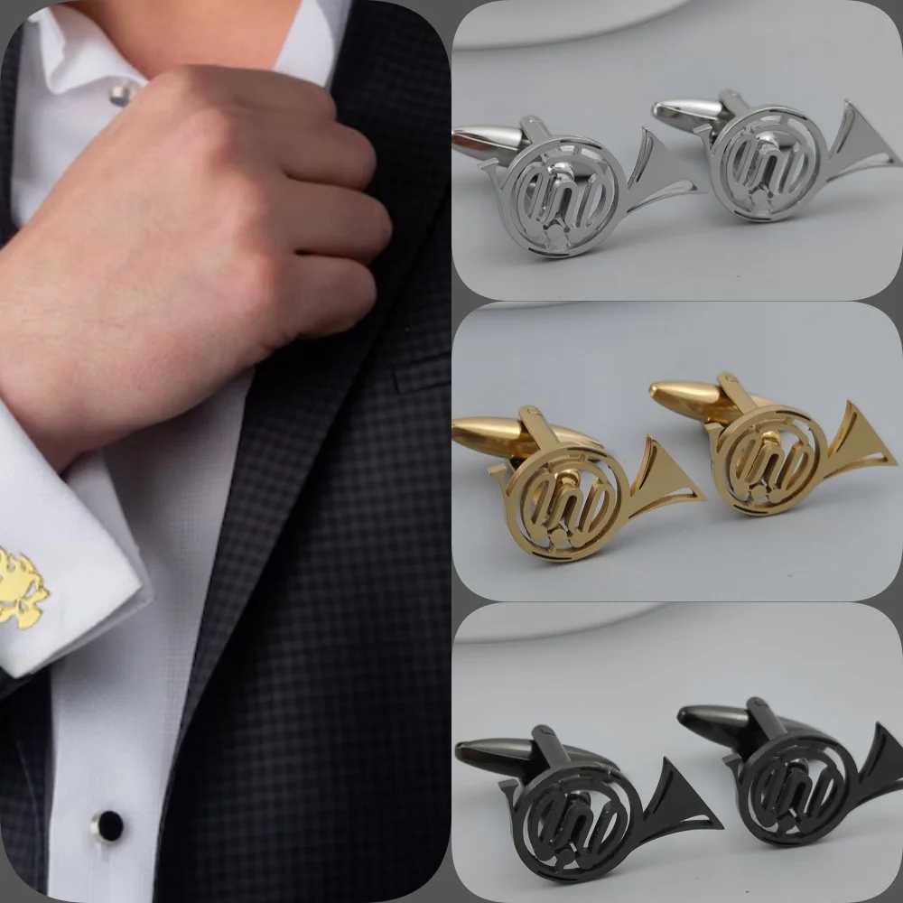 Music horn hollow cufflinks gold-plated French shirt sleeves silver mens wear with black cufflinks W250111