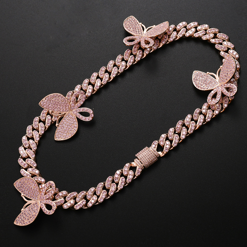 New 18mm pink white zircon s thorns Cuban chain bracelet spring buckle Butterfly necklace