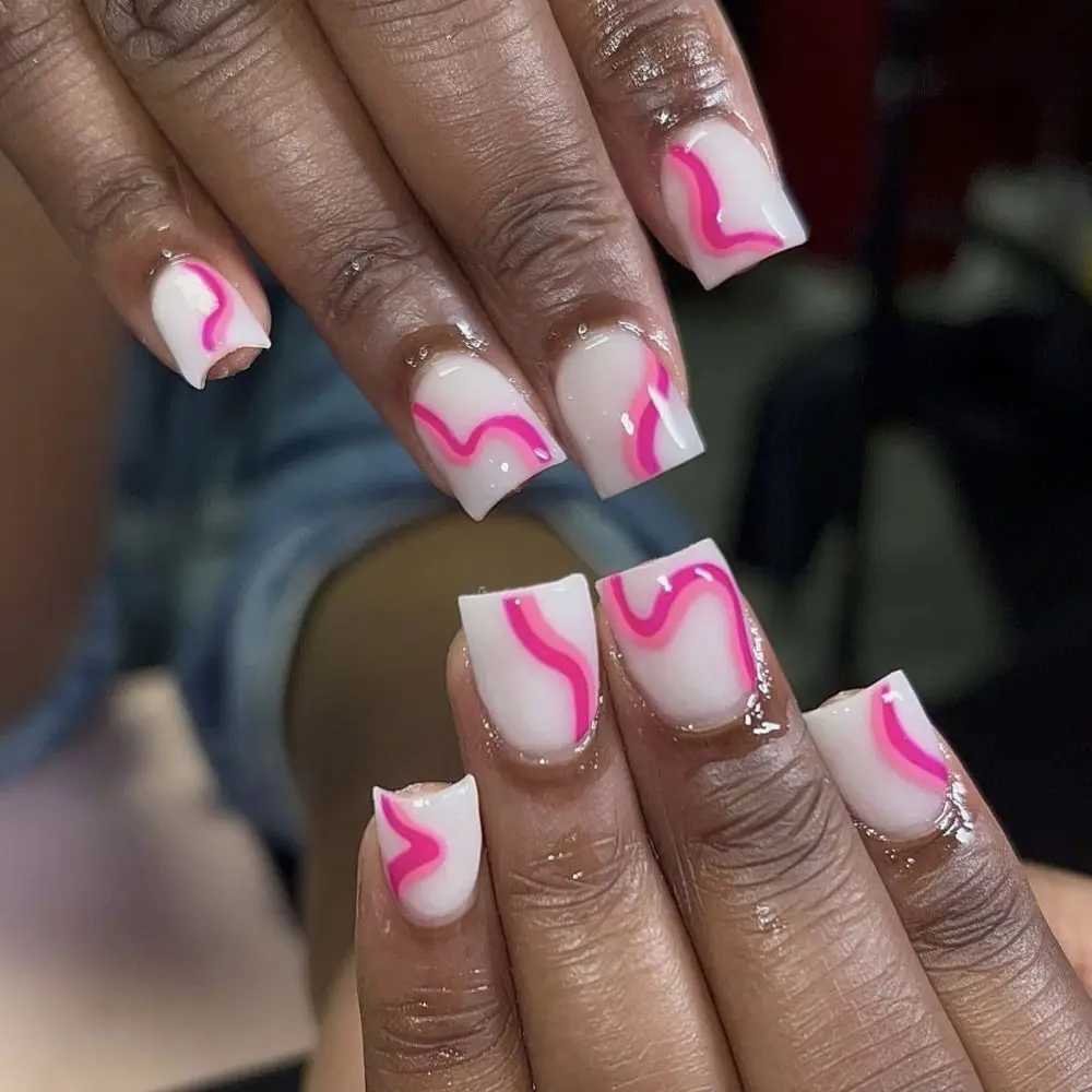 24pcs Short Square False Nails French White Edge Pink Fake Nails Full Cover Nail Tips Press on Nails faux fingernailXJ250110