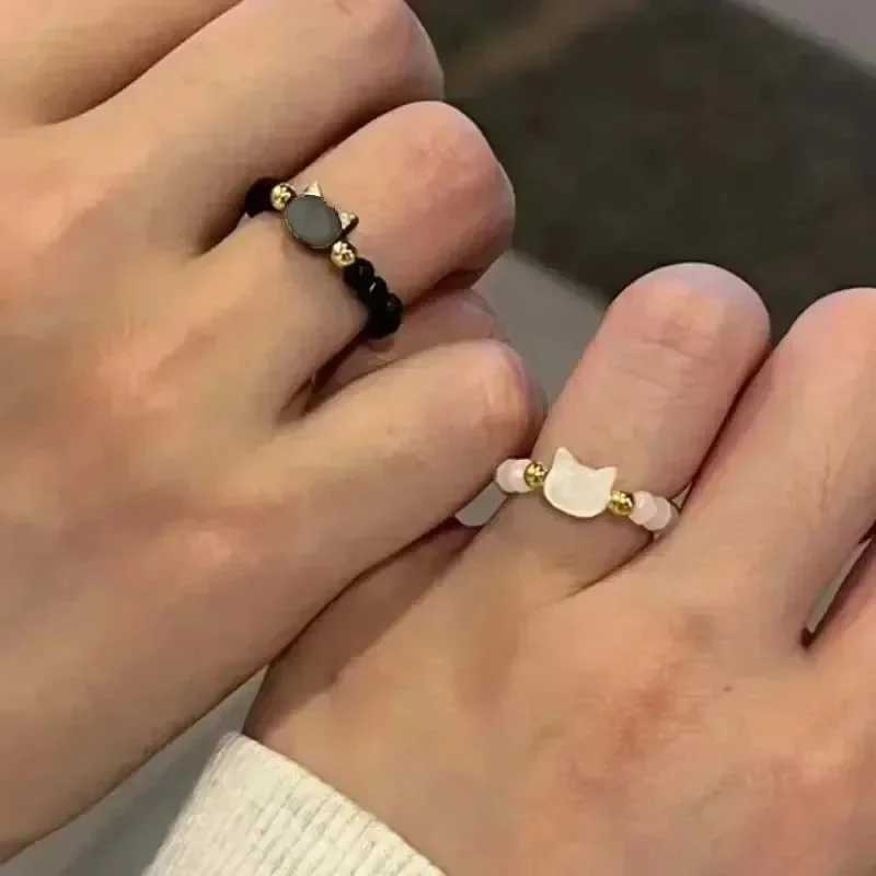 2 pieces of natural moonstone obsidian ring beads minimalist violin ring cute black and white cat ring womens party accessories jewelry W250111