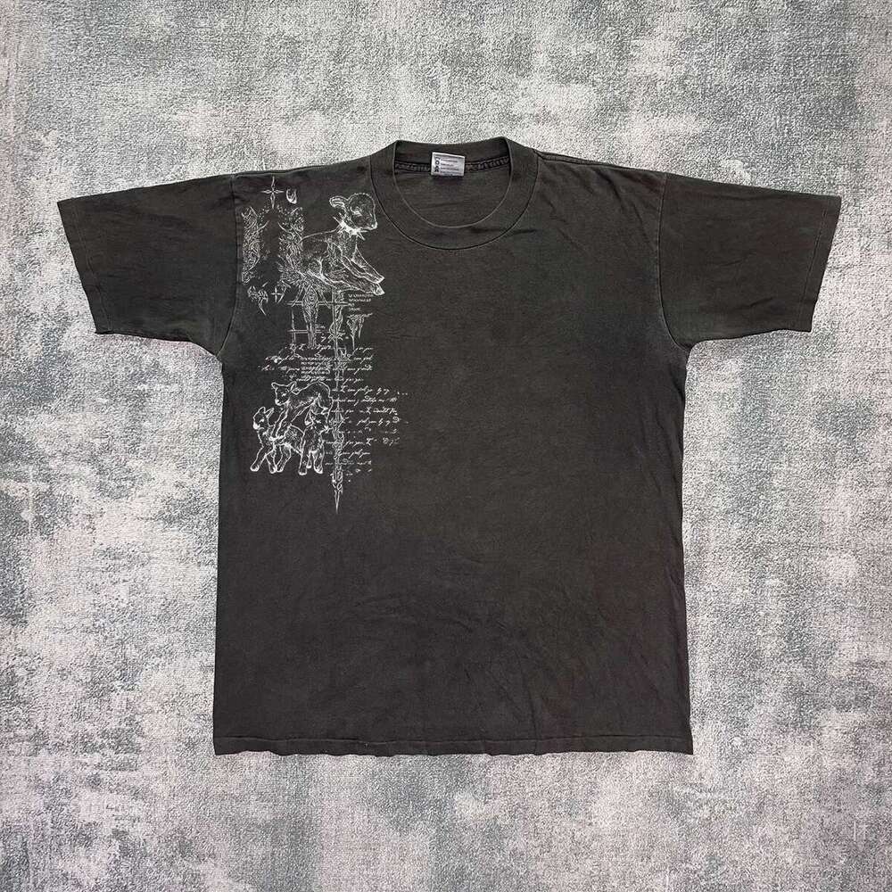 Inspiration Summer New Loose and Versatile Couple Hand drawn Personalized Printed Short Texture Top Half Sleeve