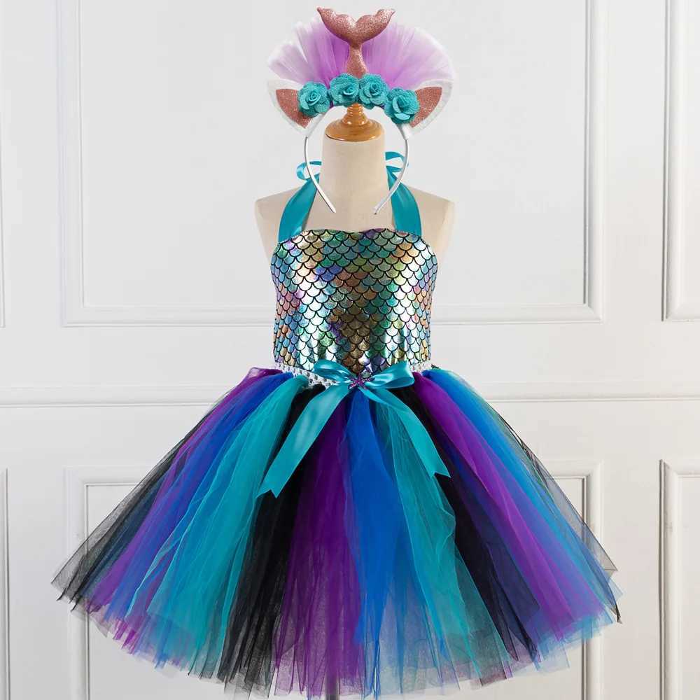 Child girl role-playing Par dress up princess dress up mermaid chiffon Tutu dress theme birthday Par costume with floral headband W250111