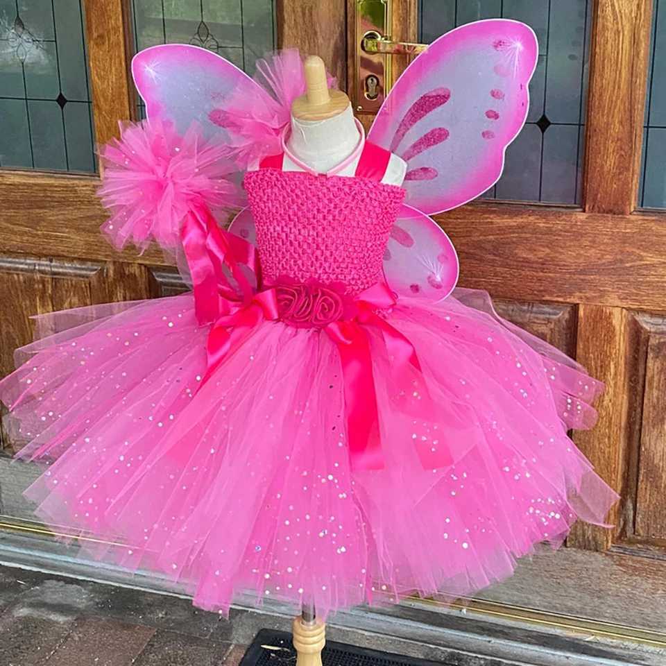 Girls Pink Sparkling Chiffon Dress Childrens Butterfly Fairy Tutu Dress with Wings and Clockwork Childrens Halloween Role Playing Costume W250111